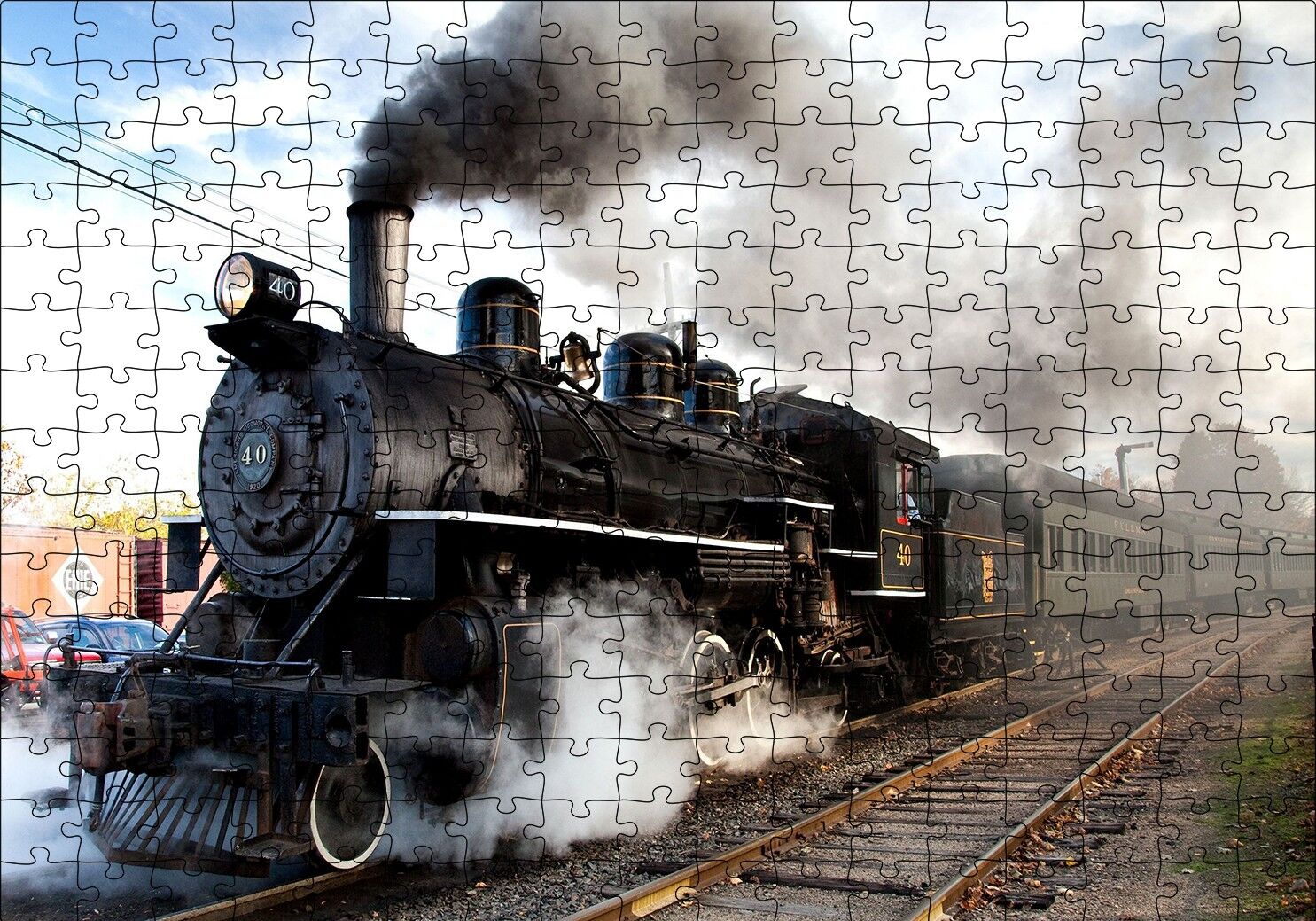 Buharlı Kara Tren ve Dumanları Puzzle Yapboz MDF Ahşap 255 Parça 34 cm X 49 cm