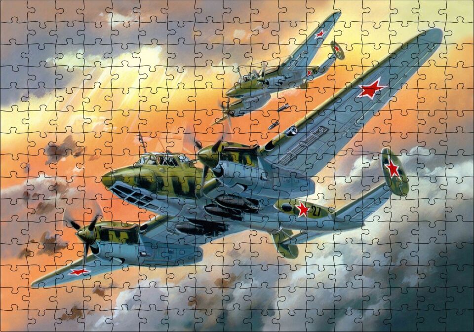 Nostaljik Bombardıman Savaş Uçakları Çizim Puzzle Yapboz MDF Ahşap 255 Parça 34 cm X 49 cm