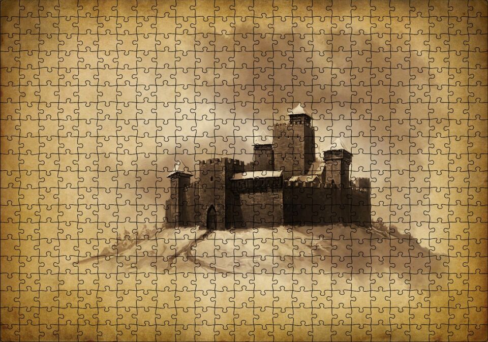 Kara Kalem Sanat Çalışması Şato Görseli Puzzle Yapboz MDF Ahşap 500 Parça 49 cm X 68 cm