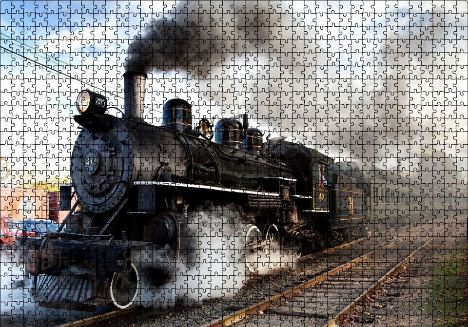 Buharlı Kara Tren ve Dumanları Puzzle Yapboz MDF Ahşap 1000 Parça 49 cm X 68 cm
