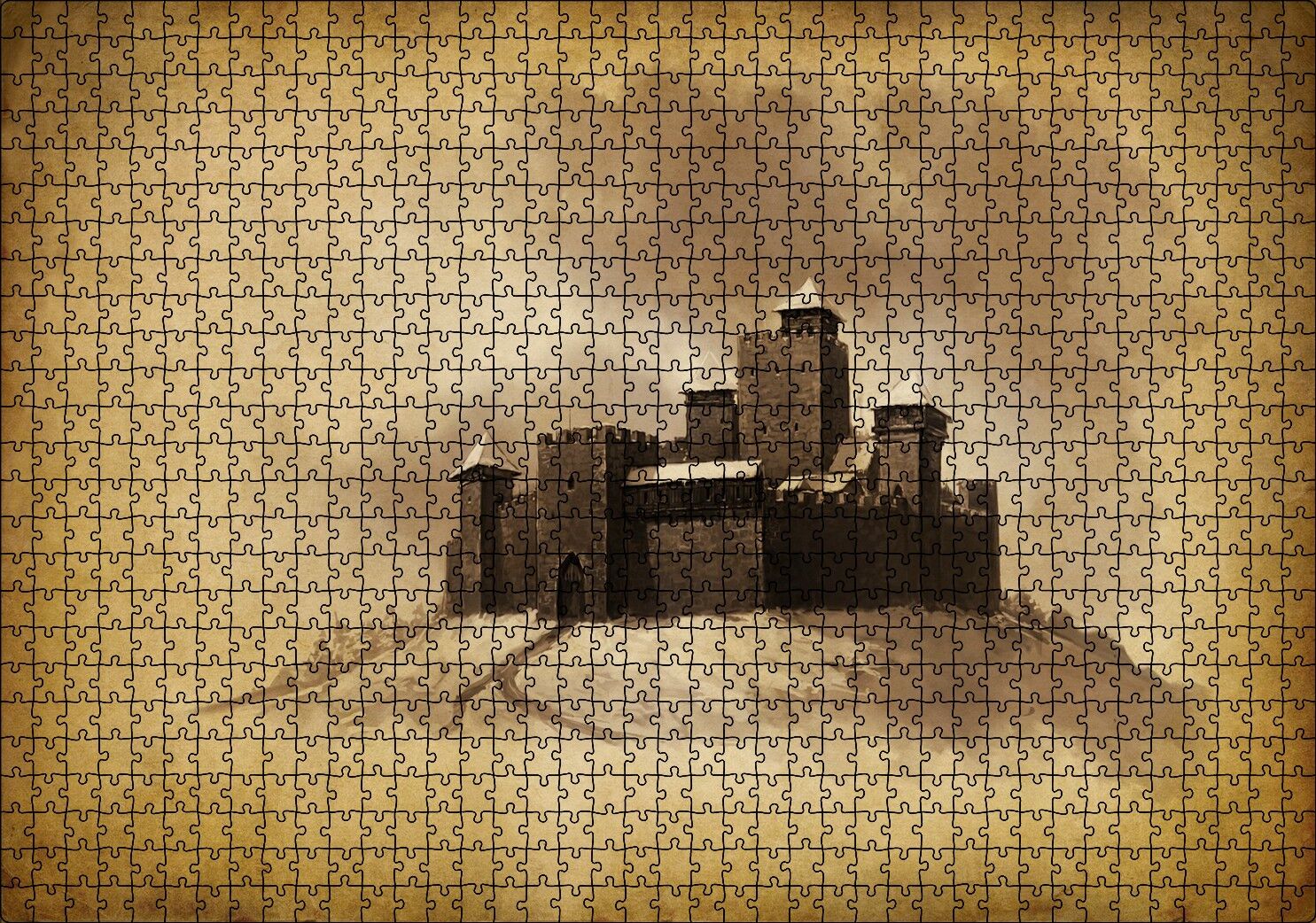 Kara Kalem Sanat Çalışması Şato Görseli Puzzle Yapboz MDF Ahşap 1000 Parça 49 cm X 68 cm