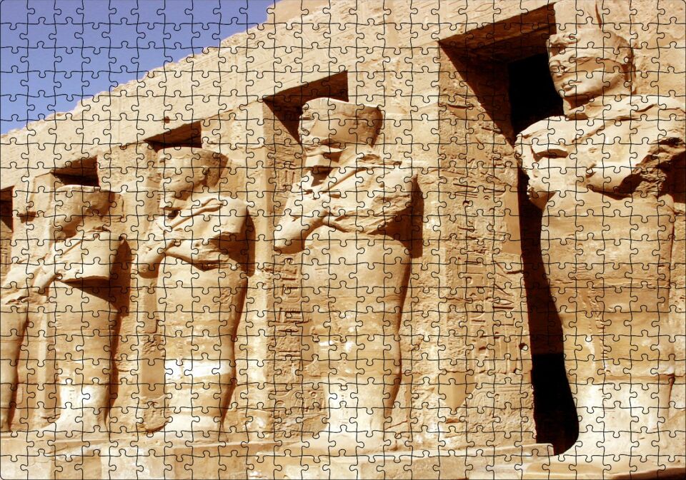 Antik Mısır'da Tapınağın Muhafızları Kil Heykeller Puzzle Yapboz MDF Ahşap 500 Parça 49 cm X 68 cm