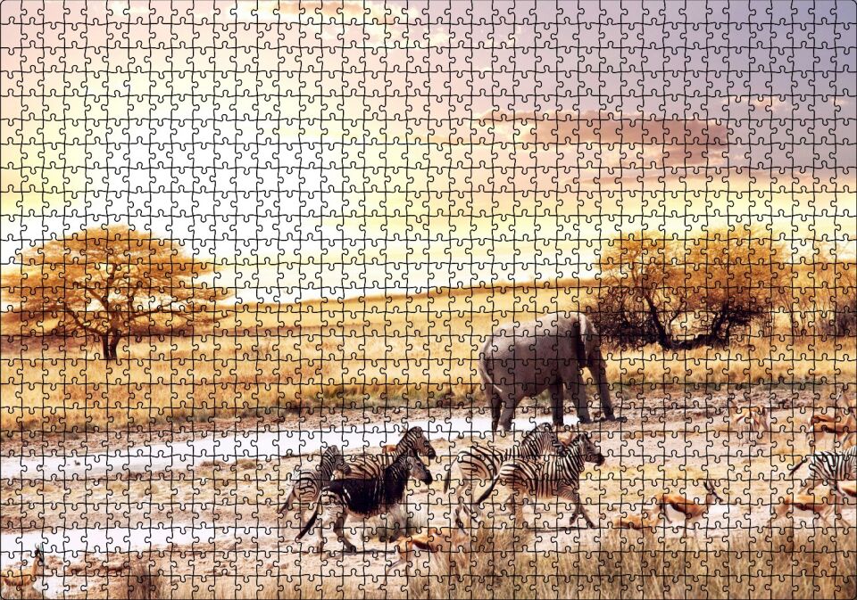 Savanada Su Kenarındaki Hayvanlar Puzzle Yapboz MDF Ahşap 1000 Parça 49 cm X 68 cm
