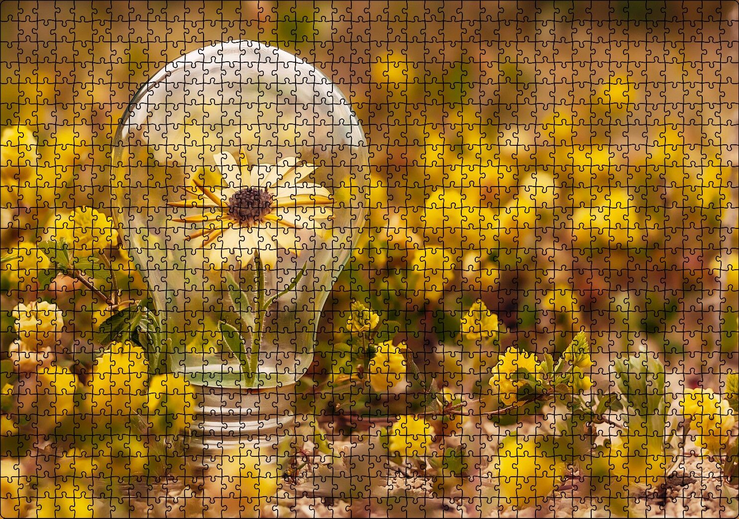 Sarı Çiçekler ve Ampul İçerisindeki Yalnız Sarı Çiçek Puzzle Yapboz MDF Ahşap 1000 Parça 49 cm X 68 cm