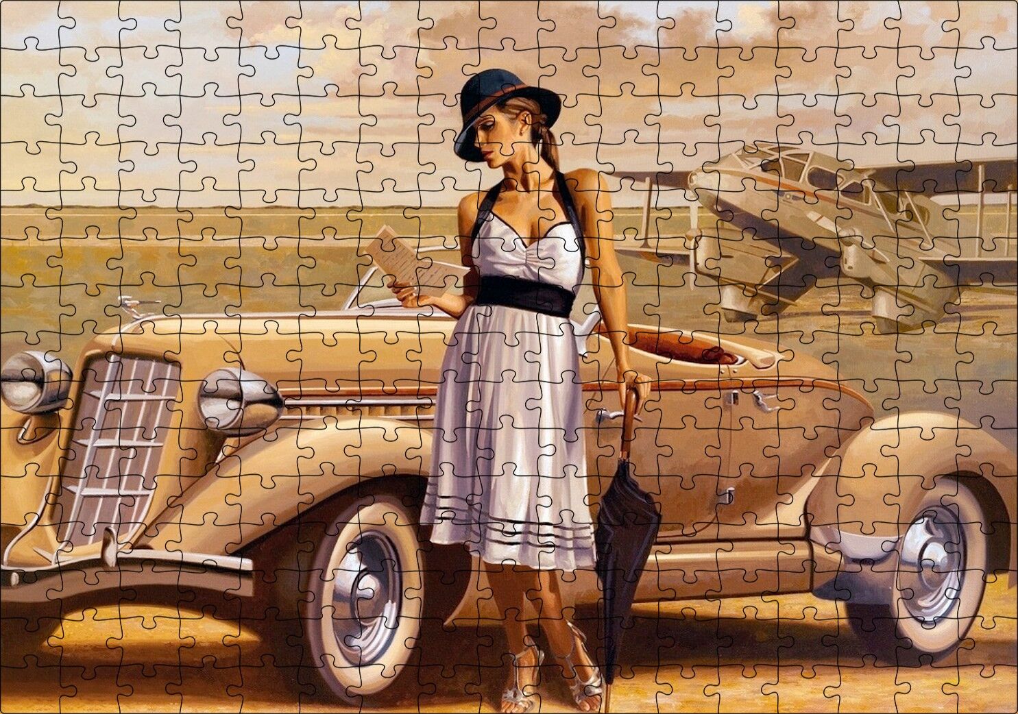 Antika Araba Uçak ve Beyaz Elbiseli Kadın Puzzle Yapboz MDF Ahşap 255 Parça 34 cm X 49 cm