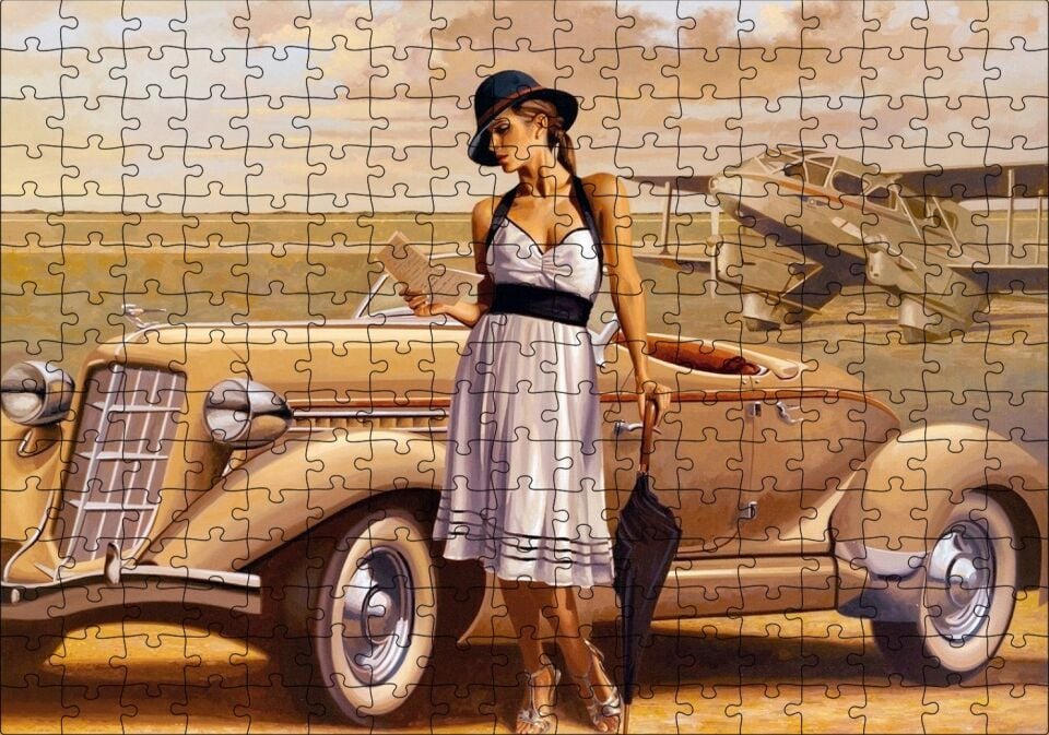 Antika Araba Uçak ve Beyaz Elbiseli Kadın Puzzle Yapboz MDF Ahşap 255 Parça 34 cm X 49 cm