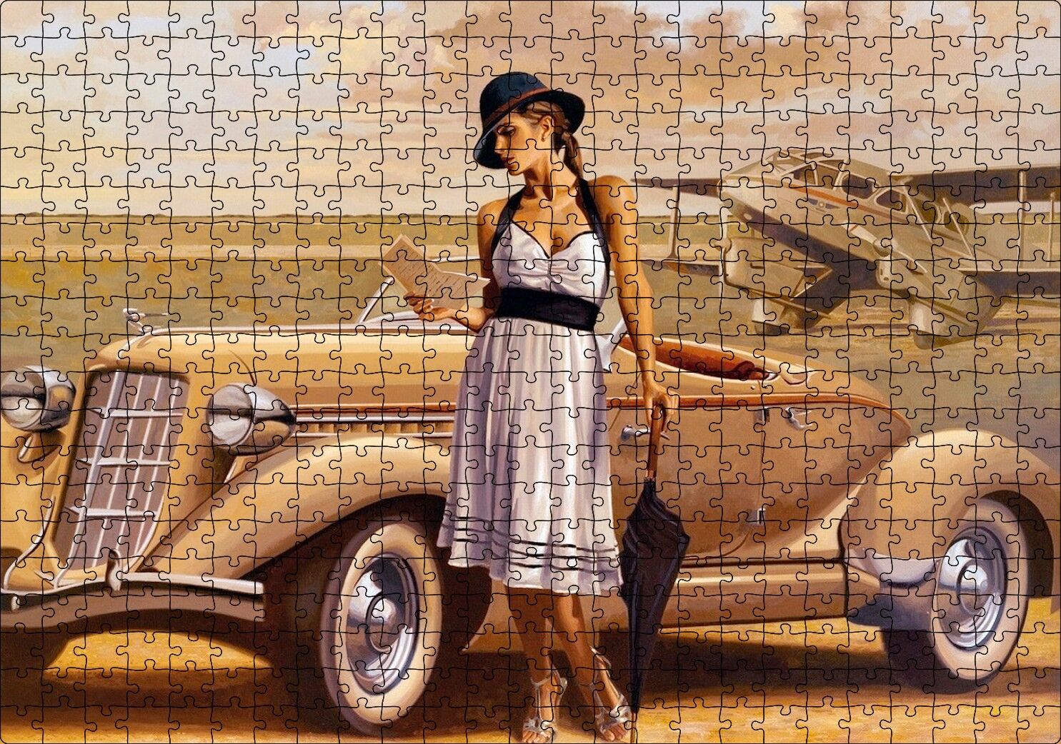 Antika Araba Uçak ve Beyaz Elbiseli Kadın Puzzle Yapboz MDF Ahşap 500 Parça 49 cm X 68 cm