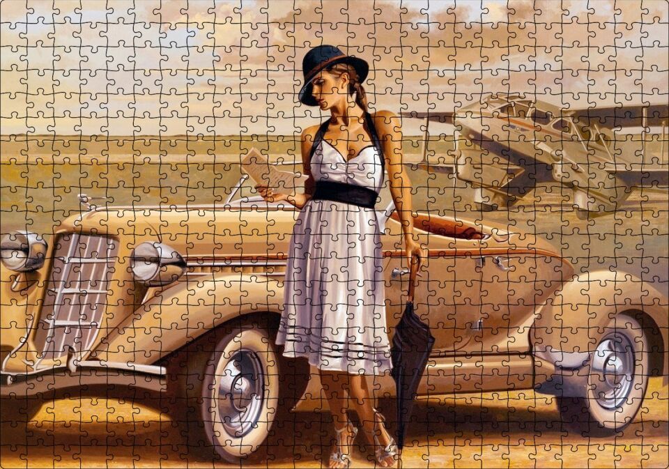 Antika Araba Uçak ve Beyaz Elbiseli Kadın Puzzle Yapboz MDF Ahşap 500 Parça 49 cm X 68 cm
