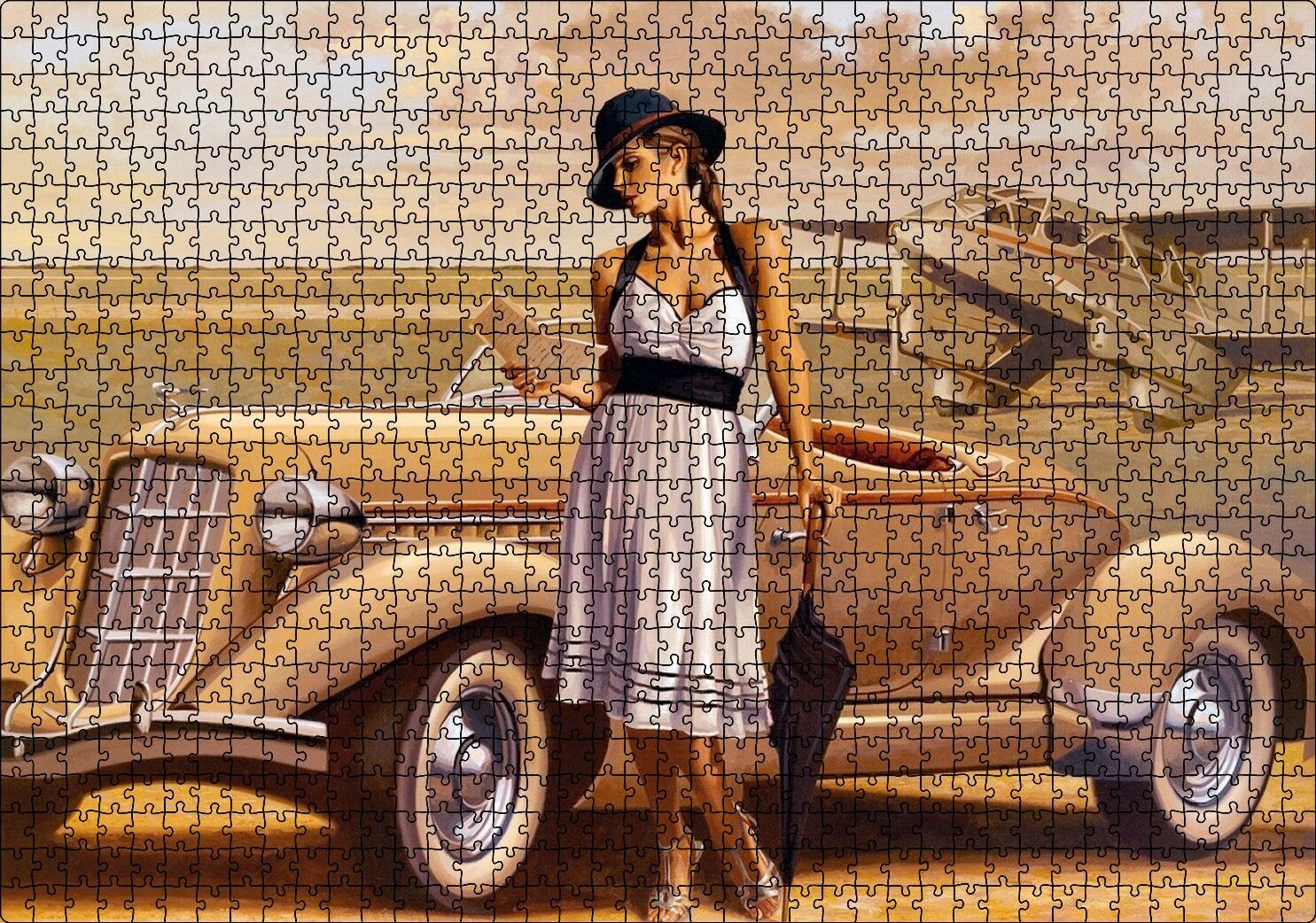 Antika Araba Uçak ve Beyaz Elbiseli Kadın Puzzle Yapboz MDF Ahşap 1000 Parça 49 cm X 68 cm