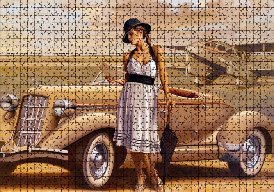 Antika Araba Uçak ve Beyaz Elbiseli Kadın Puzzle Yapboz MDF Ahşap 1000 Parça 49 cm X 68 cm
