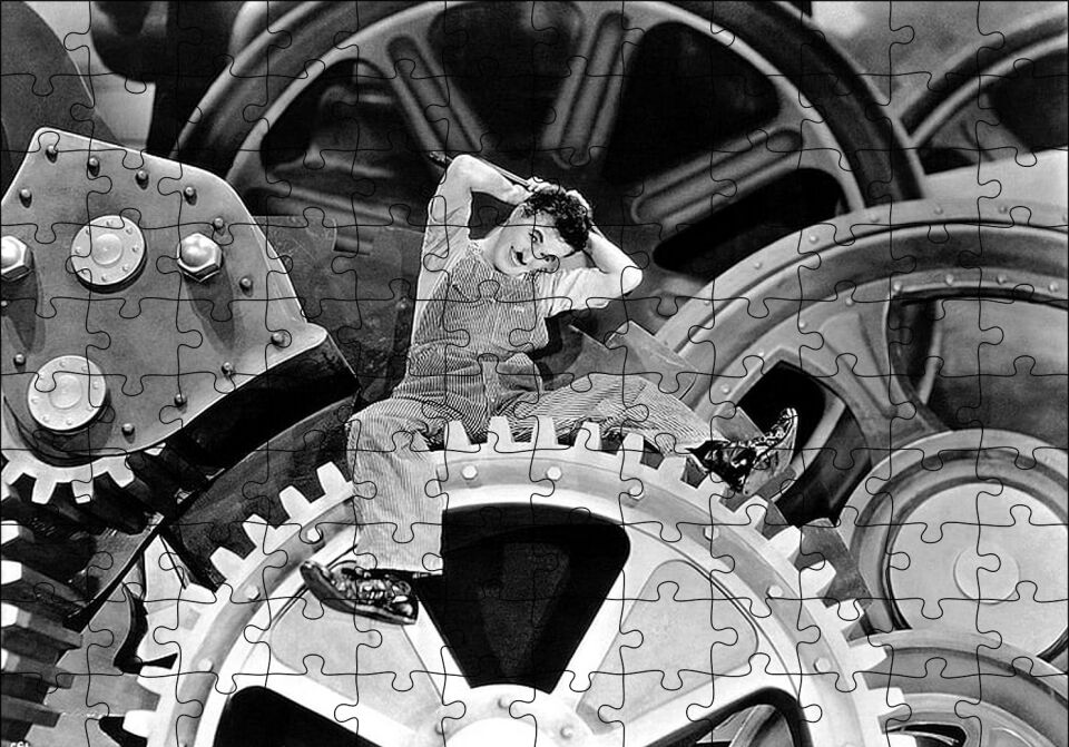 Charlie Chaplin İşçi Çarklar Modern Zamanlar Puzzle Yapboz MDF Ahşap 120 Parça 24 cm X 34 cm