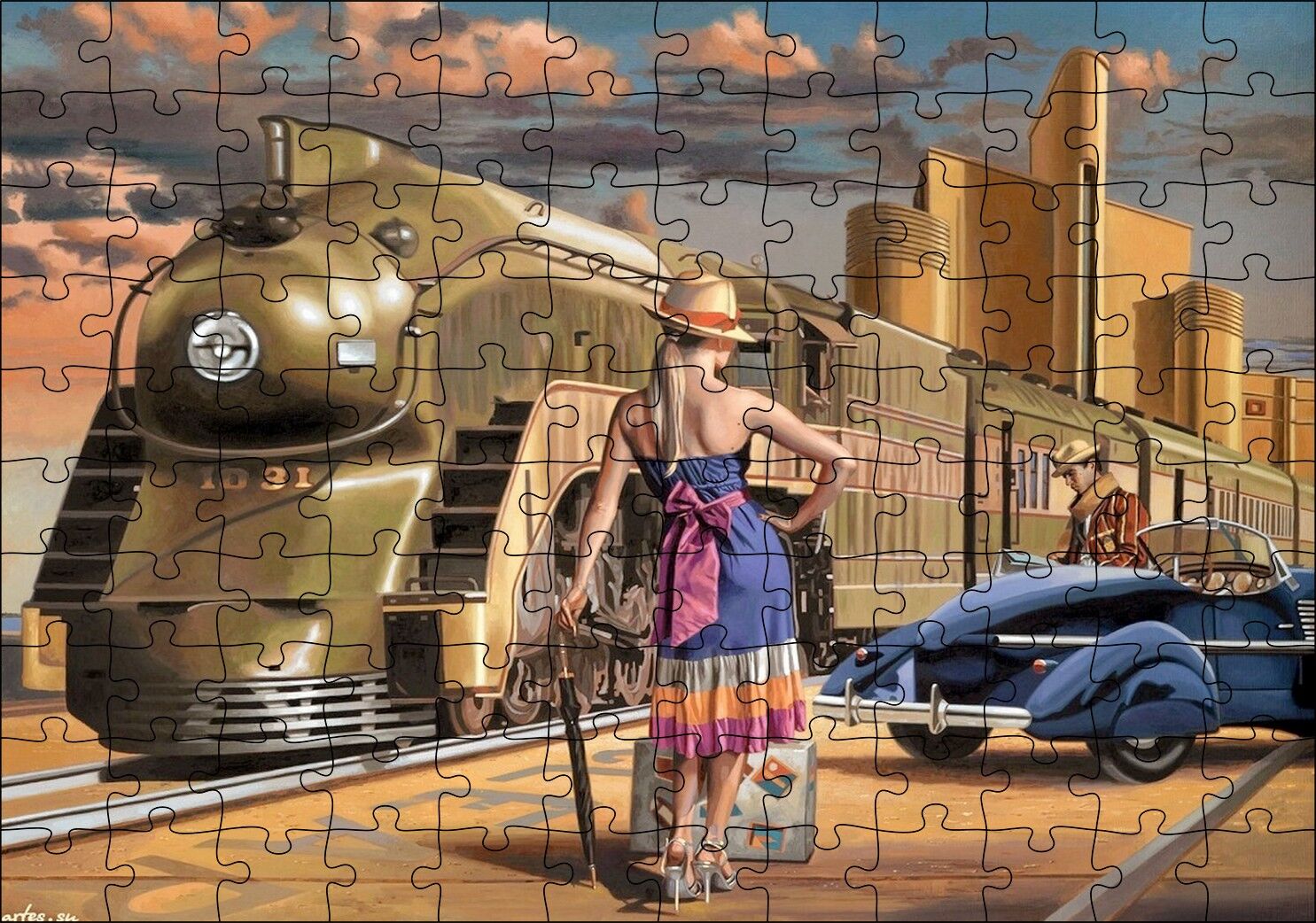 Antika Araba ve Yolcular ile Fütüristik Tren Puzzle Yapboz MDF Ahşap 120 Parça 24 cm X 34 cm