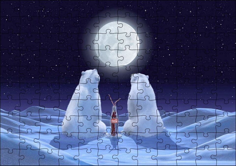 Dolunaya Karşı Kola İçen Kutup Ayıları Puzzle Yapboz MDF Ahşap