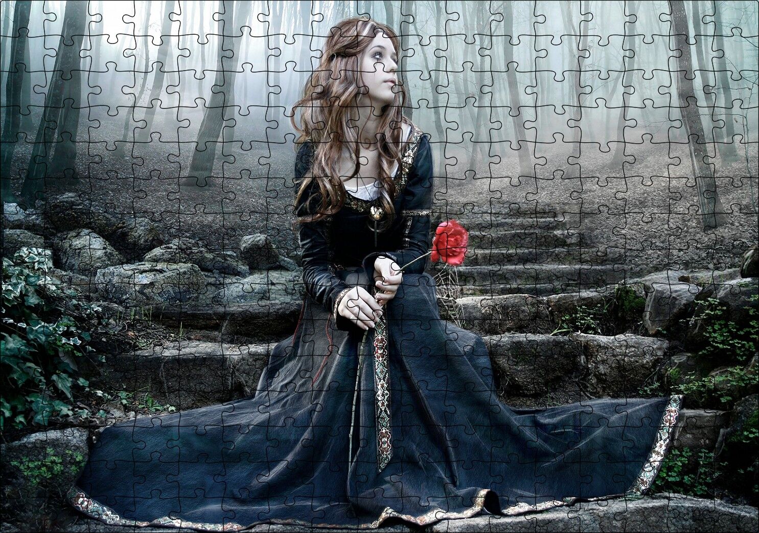 Ormanda Hüzünlü Güzel Kadın Puzzle Yapboz MDF Ahşap 255 Parça 34 cm X 49 cm