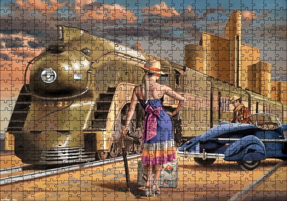 Antika Araba ve Yolcular ile Fütüristik Tren Puzzle Yapboz MDF Ahşap 500 Parça 49 cm X 68 cm