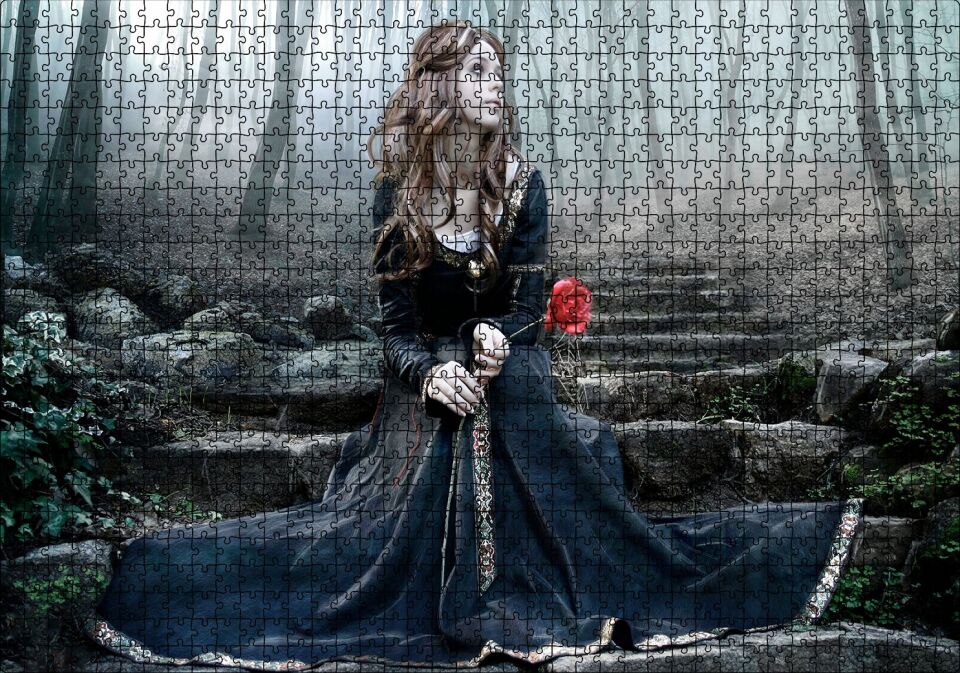 Ormanda Hüzünlü Güzel Kadın Puzzle Yapboz MDF Ahşap 1000 Parça 49 cm X 68 cm