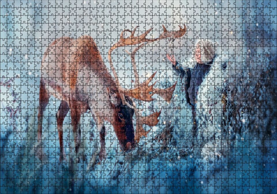 Karda Bir Çocukla Ren Geyiği Görseli Puzzle Yapboz MDF Ahşap 1000 Parça 49 cm X 68 cm