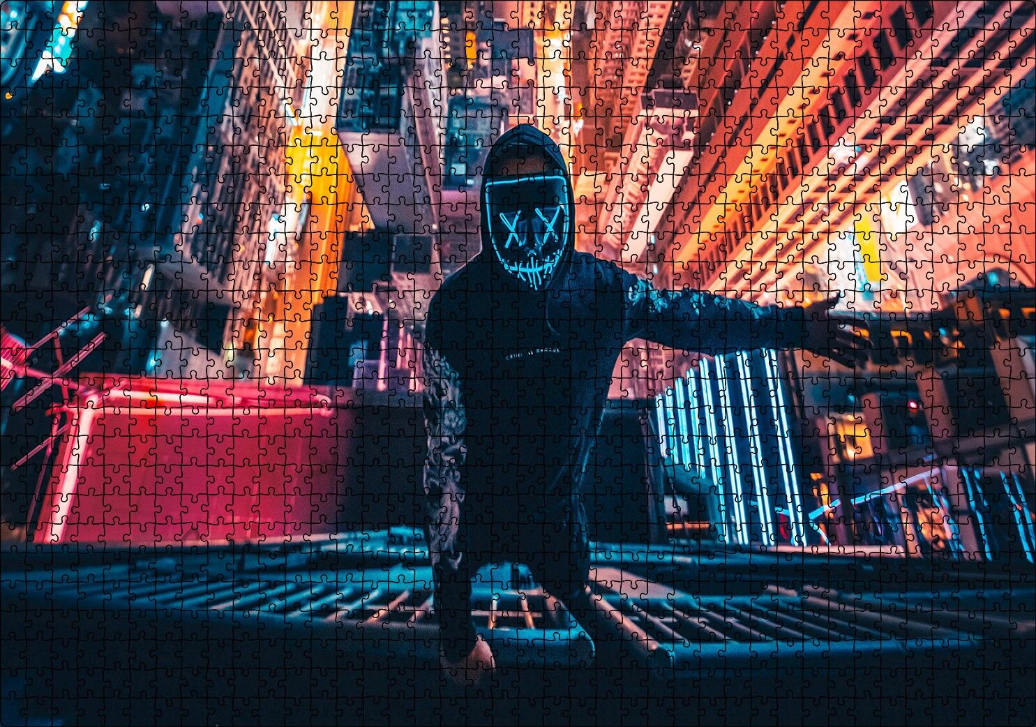 Neon Maskeli Adam ve Gökdelenler Puzzle Yapboz MDF Ahşap 1000 Parça 49 cm X 68 cm