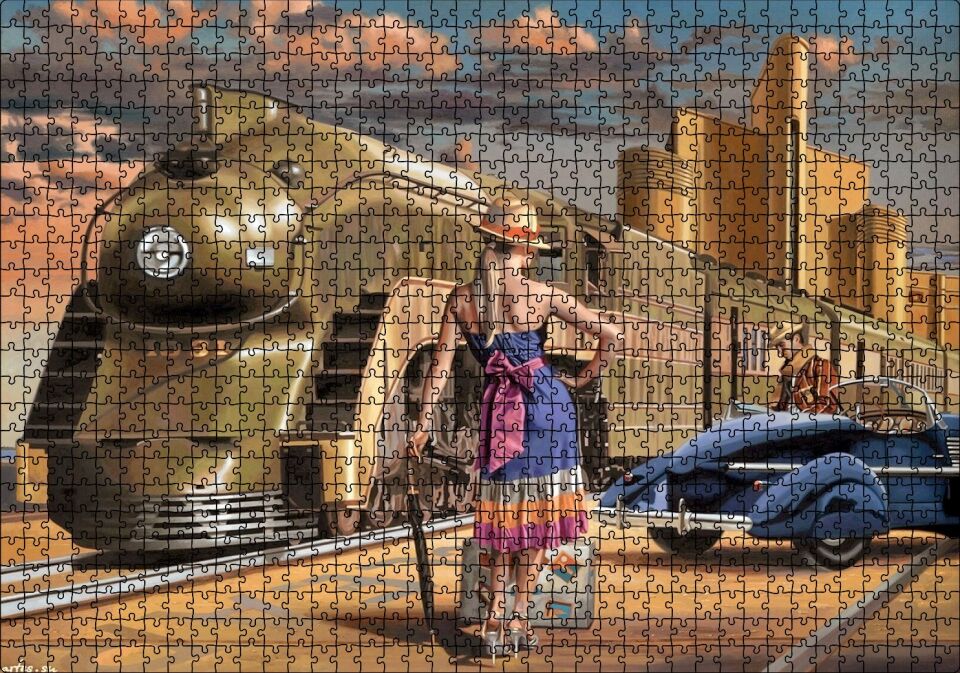 Antika Araba ve Yolcular ile Fütüristik Tren Puzzle Yapboz MDF Ahşap 1000 Parça 49 cm X 68 cm