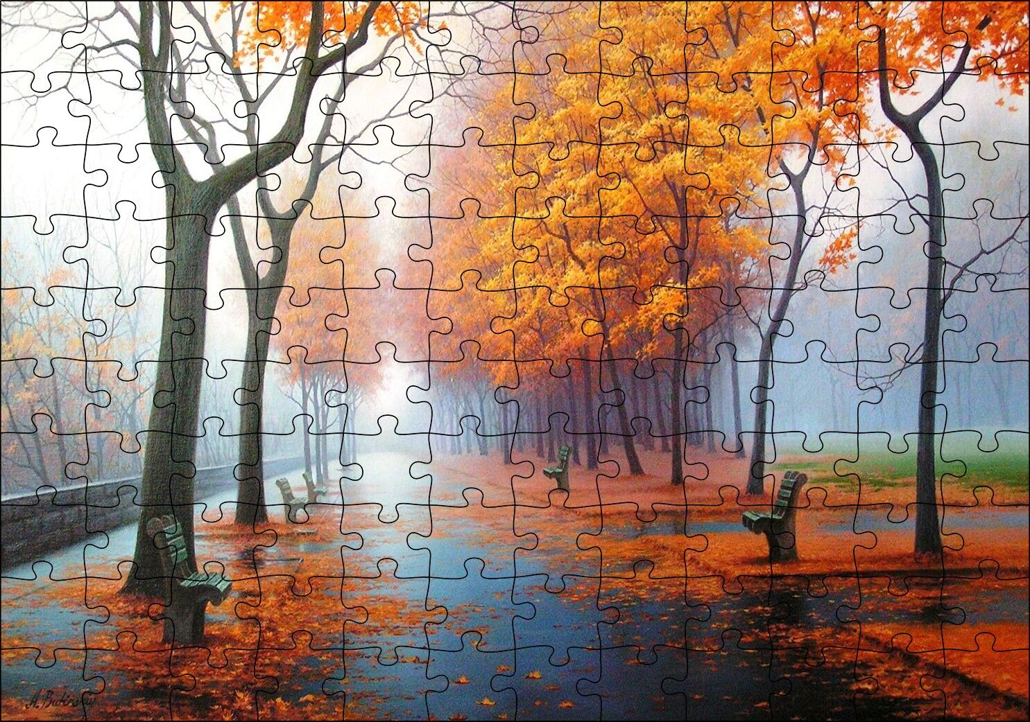 Sonbahar Rengi Ağaçlar Sis ve Boş Banklar Puzzle Yapboz MDF Ahşap
