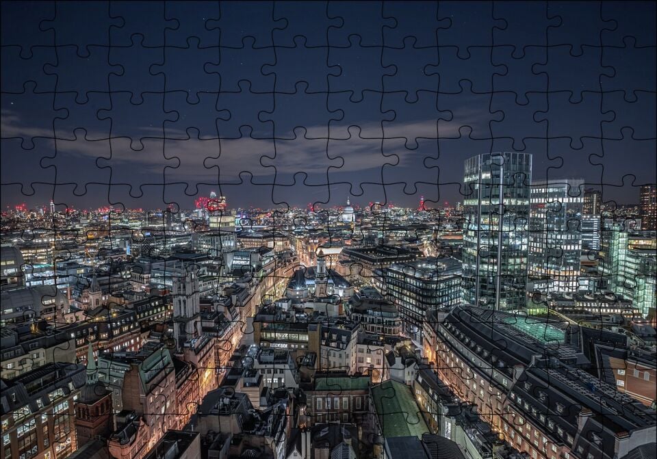Gece Şehir Manzarası Puzzle Yapboz MDF Ahşap 120 Parça 24 cm X 34 cm