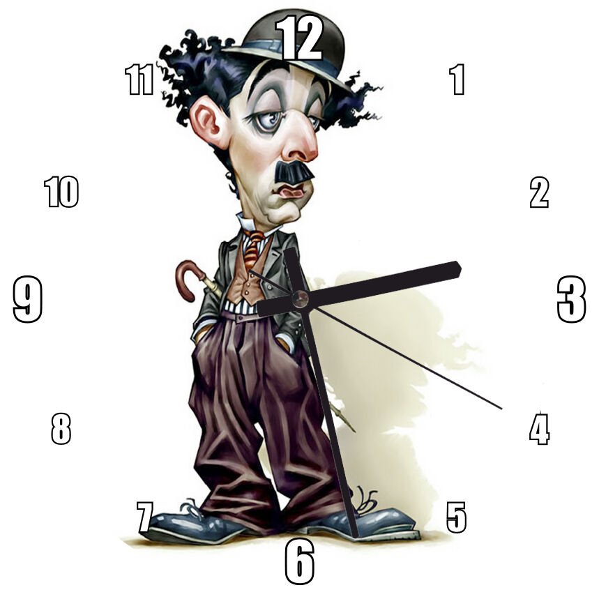 Charlie Chaplin Renkli Karikatür  Mdf Ahşap Duvar Saati 30 cm Çap