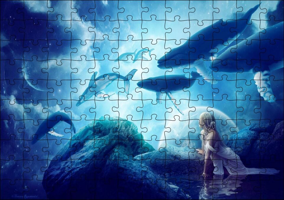 Fantastik Dünyanın Uçan Balinaları ve Genç Kız Puzzle Yapboz MDF Ahşap