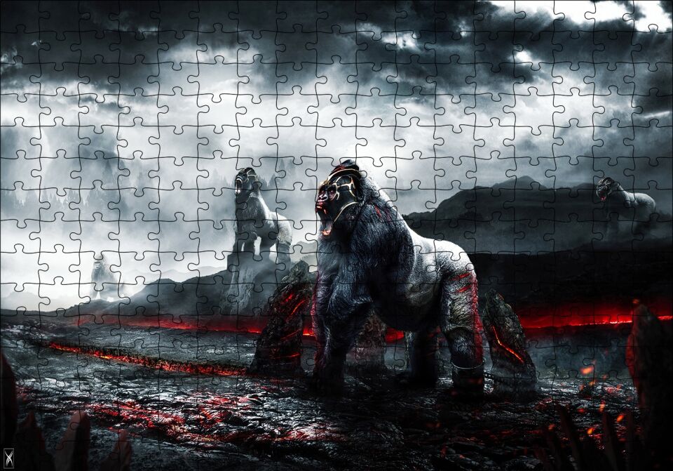 Lavlar ve Goril Savaşçılar İllüstrasyon Puzzle Yapboz MDF Ahşap 255 Parça 34 cm X 49 cm