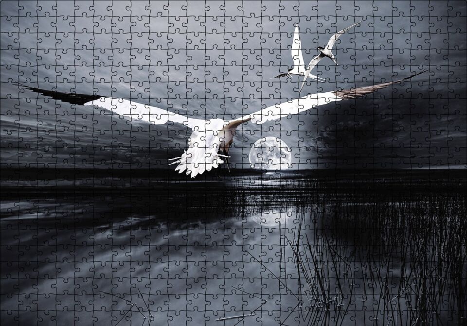 Gece Ay Göl Balıkçı Kuşları Puzzle Yapboz MDF Ahşap 500 Parça 49 cm X 68 cm