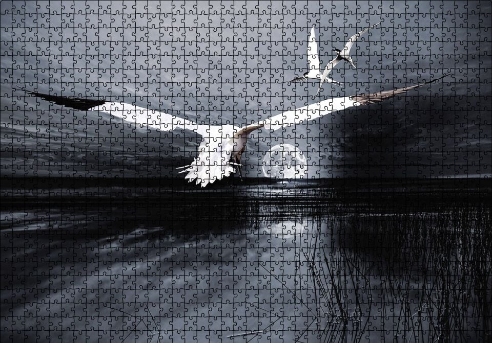 Gece Ay Göl Balıkçı Kuşları Puzzle Yapboz MDF Ahşap 1000 Parça 49 cm X 68 cm