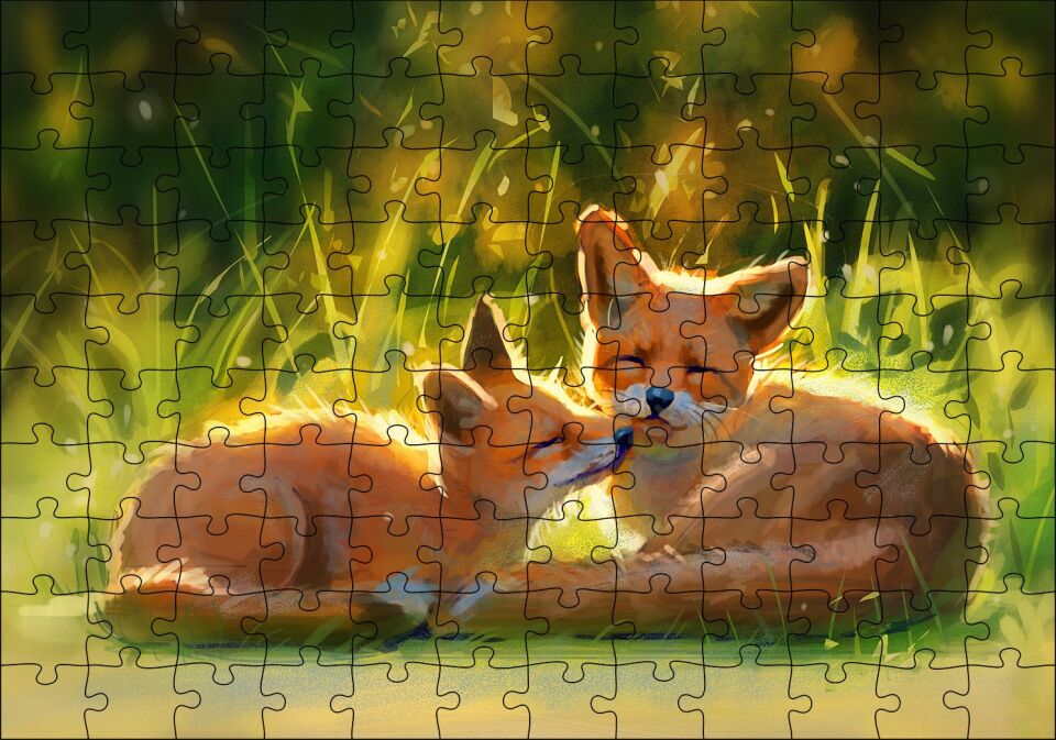 Güneşlenen İki Kızıl Tilki Görseli Puzzle Yapboz MDF Ahşap 120 Parça 24 cm X 34 cm