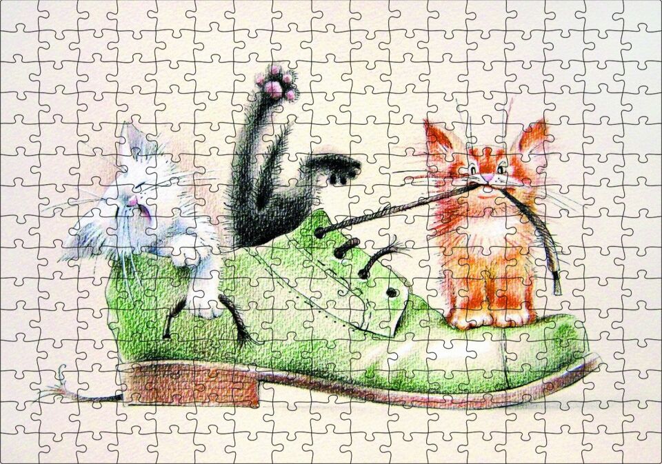 Yeşil Ayakkabı ve İçinde Yavru Kediler Karikatür Puzzle Yapboz MDF Ahşap 255 Parça 34 cm X 49 cm