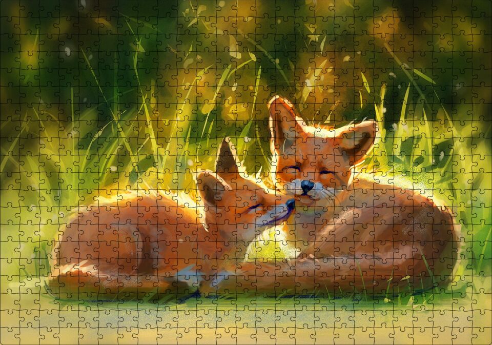 Güneşlenen İki Kızıl Tilki Görseli Puzzle Yapboz MDF Ahşap 500 Parça 49 cm X 68 cm