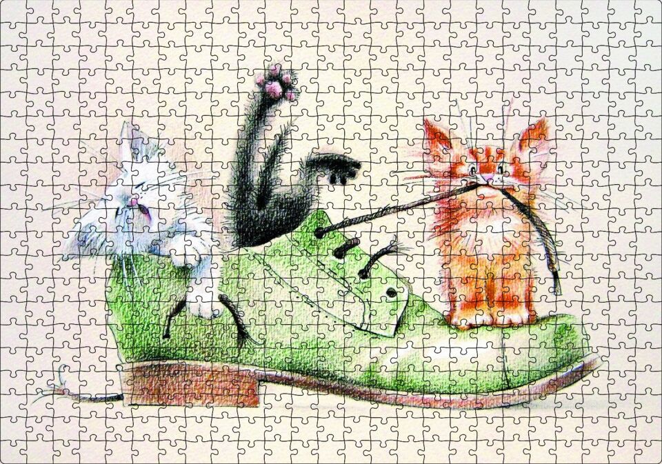 Yeşil Ayakkabı ve İçinde Yavru Kediler Karikatür Puzzle Yapboz MDF Ahşap 500 Parça 49 cm X 68 cm