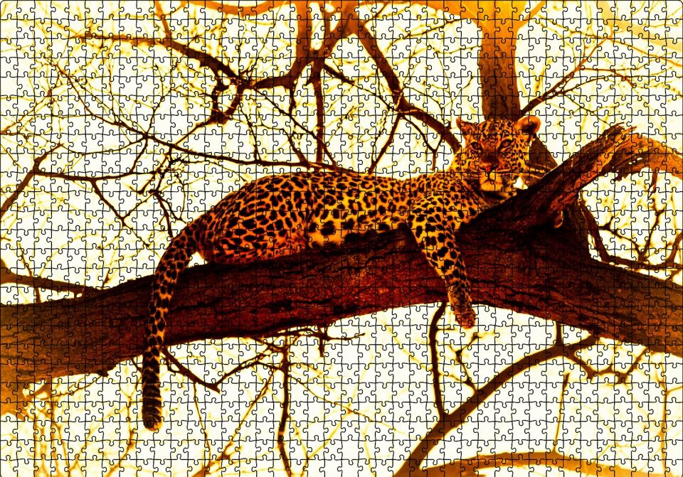 Leopar Ağaçta Dinleniyor Puzzle Yapboz MDF Ahşap 1000 Parça 49 cm X 68 cm