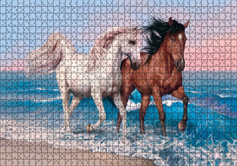 Pilajda Koşan Beyaz Kahve Rengi Atlar Puzzle Yapboz MDF Ahşap 1000 Parça 49 cm X 68 cm