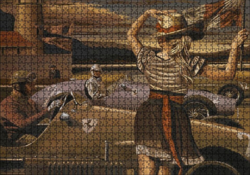 Antika Ferrari Yarış Arabaları ve Start Bayraklı Kız Puzzle Yapboz MDF Ahşap 1000 Parça 49 cm X 68 cm