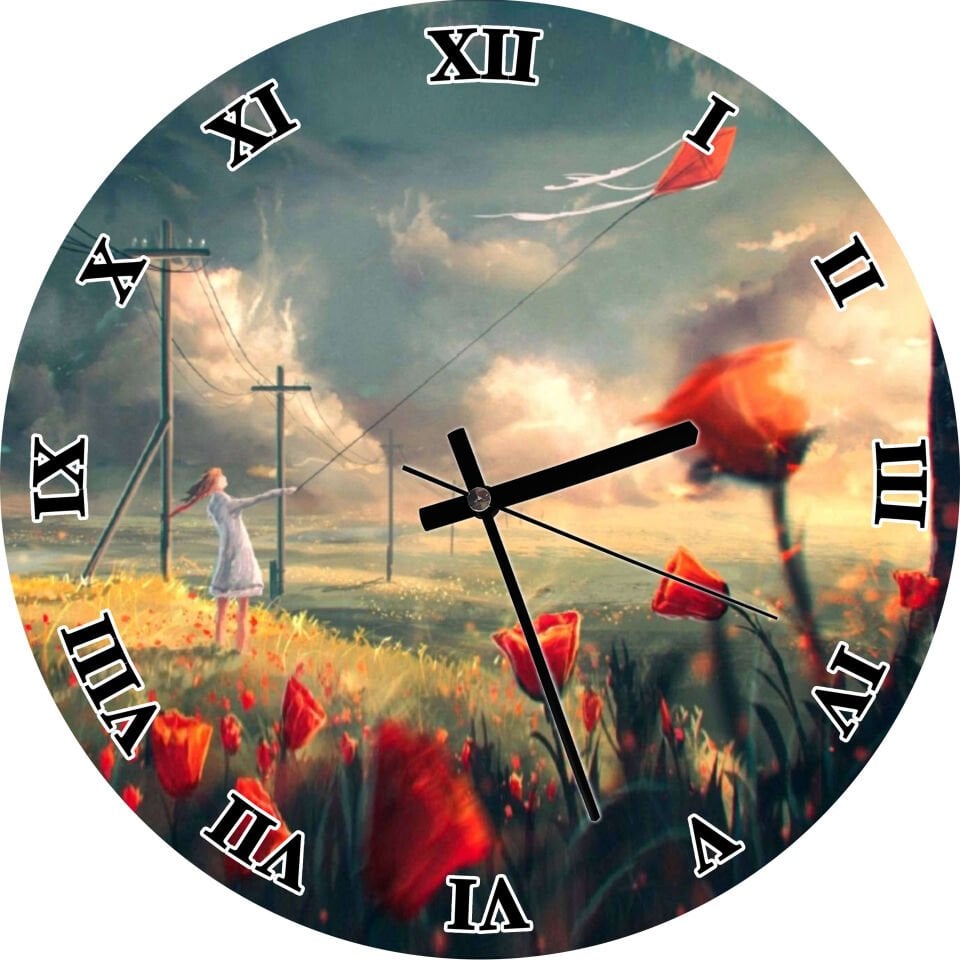 Gelincikler Uçurtmalı Kız Mdf Ahşap Duvar Saati