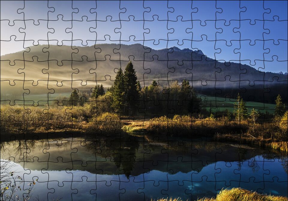 Göl Ağaçlar ve Sisli Tepeler Puzzle Yapboz MDF Ahşap 120 Parça 24 cm X 34 cm
