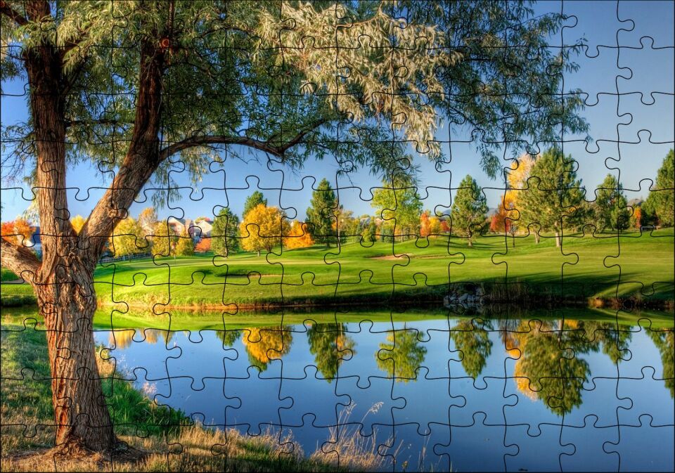 Yeşil Çayırlar Durgun Göl ve Söğüt Ağacı Puzzle Yapboz MDF Ahşap 120 Parça 24 cm X 34 cm