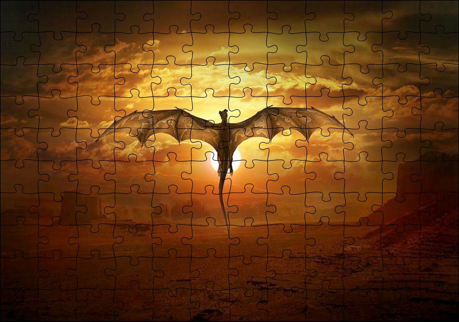 Günbatımında Uçan Efsanevi Ejderha Puzzle Yapboz MDF Ahşap