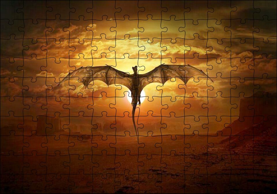Günbatımında Uçan Efsanevi Ejderha Puzzle Yapboz MDF Ahşap