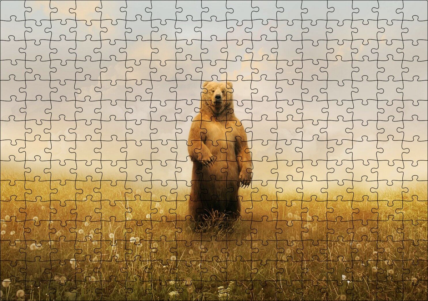Sisli Çayırda Ayakta Duran Boz Ayı Puzzle Yapboz MDF Ahşap 255 Parça 34 cm X 49 cm