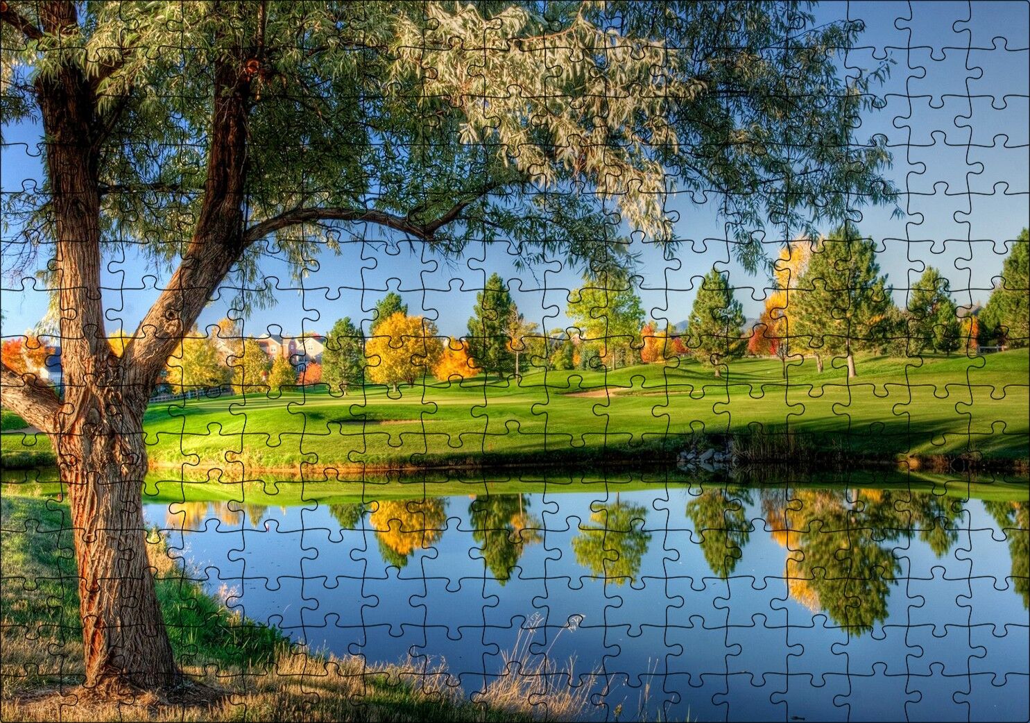 Yeşil Çayırlar Durgun Göl ve Söğüt Ağacı Puzzle Yapboz MDF Ahşap 255 Parça 34 cm X 49 cm