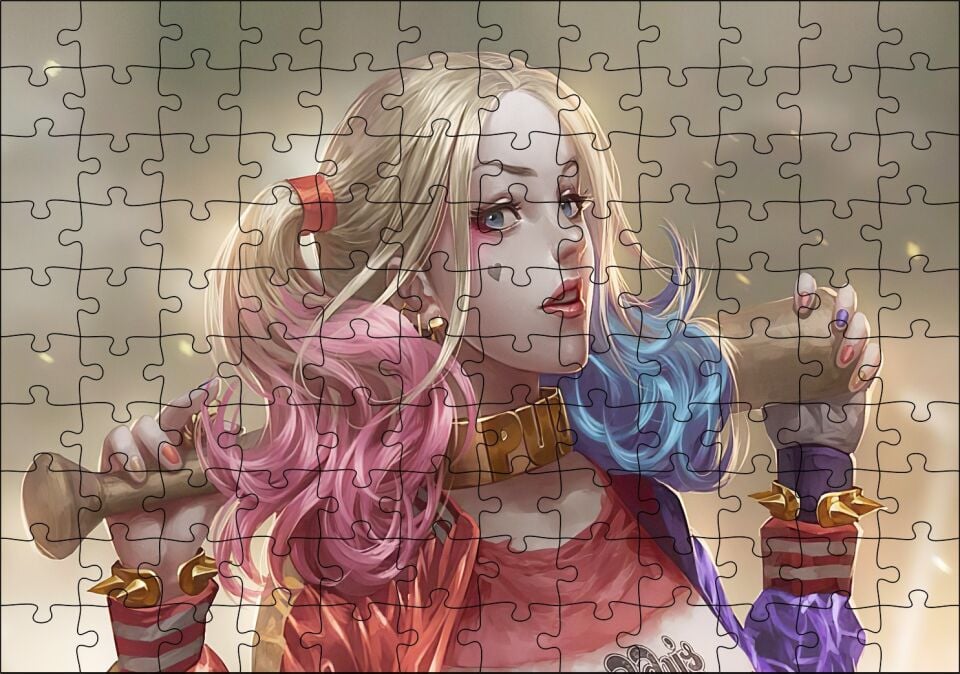 Harley Quinn ve Beyzbol Sopası Karikatürize Puzzle Yapboz MDF Ahşap