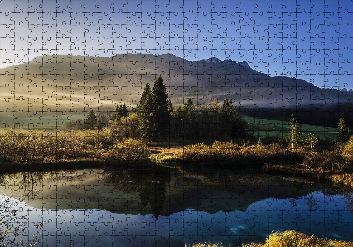 Göl Ağaçlar ve Sisli Tepeler Puzzle Yapboz MDF Ahşap 500 Parça 49 cm X 68 cm
