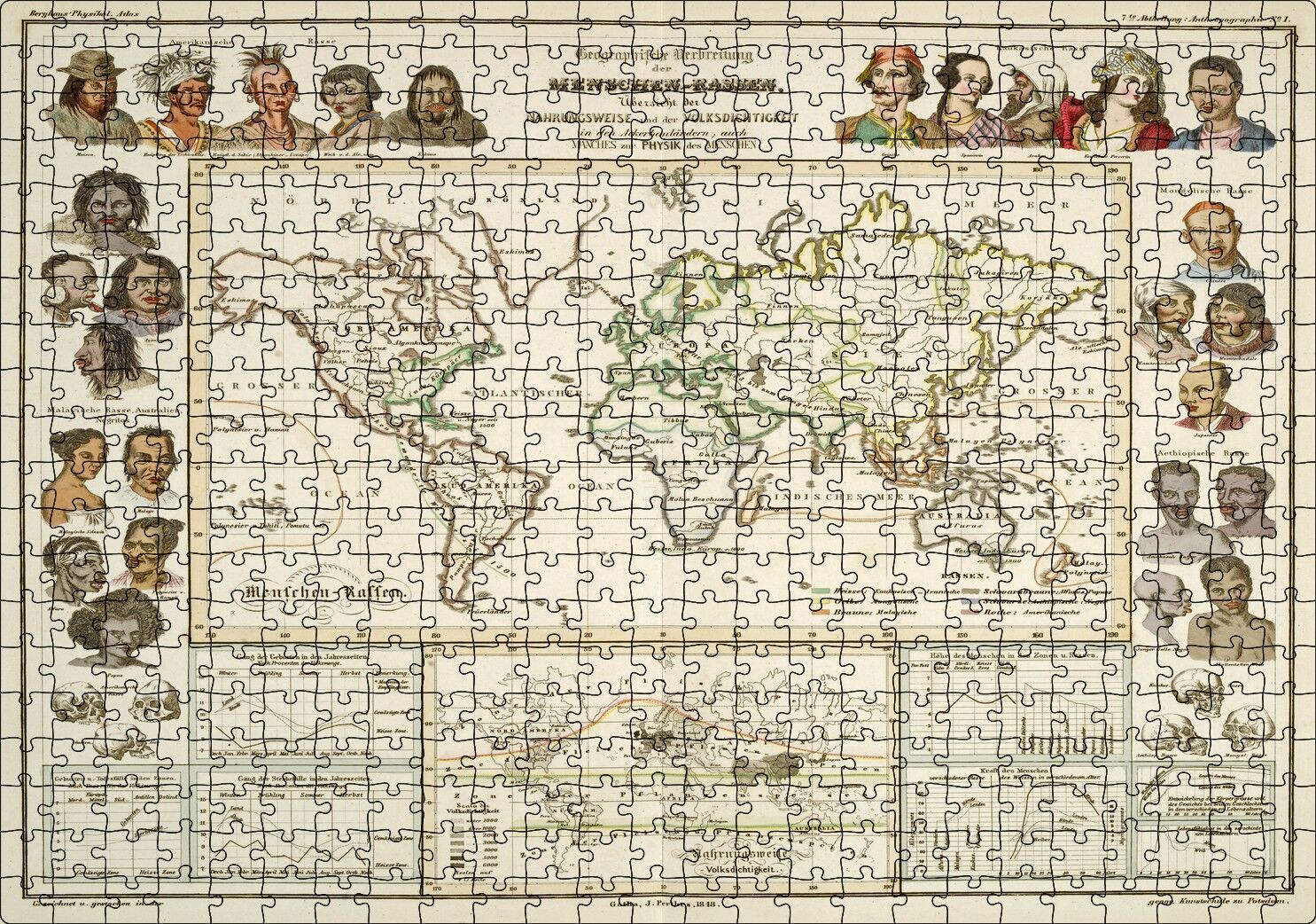 Antropolojik Eski Dünya Haritası Puzzle Yapboz MDF Ahşap 500 Parça 49 cm X 68 cm
