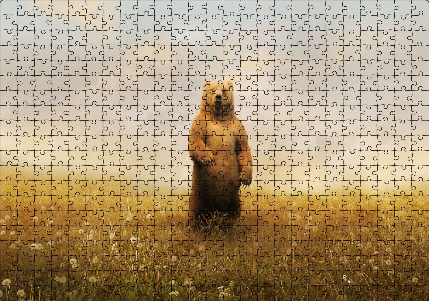 Sisli Çayırda Ayakta Duran Boz Ayı Puzzle Yapboz MDF Ahşap 500 Parça 49 cm X 68 cm