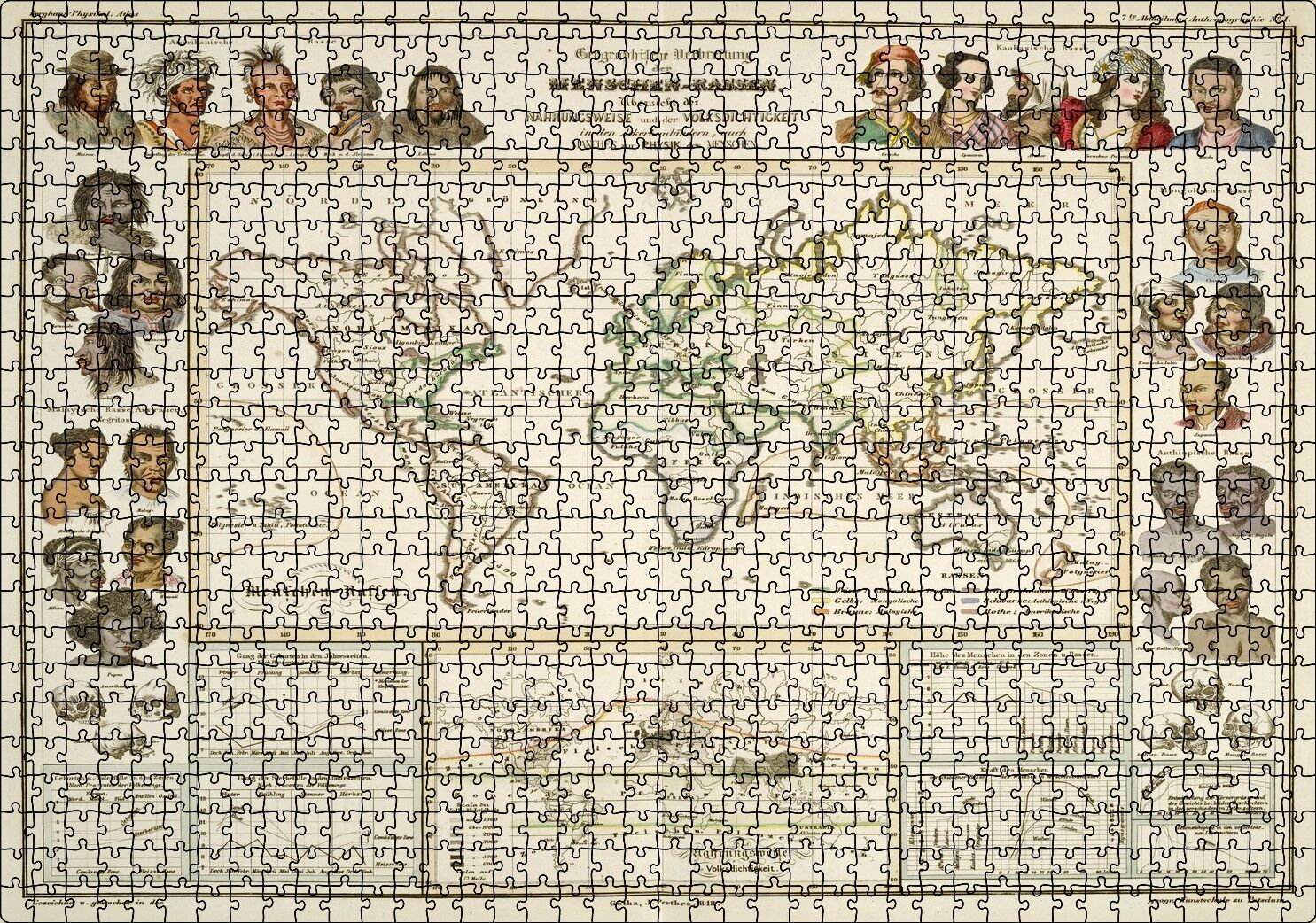 Antropolojik Eski Dünya Haritası Puzzle Yapboz MDF Ahşap 1000 Parça 49 cm X 68 cm