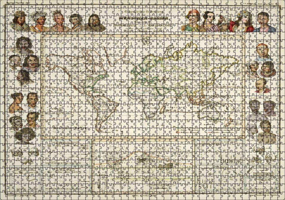 Antropolojik Eski Dünya Haritası Puzzle Yapboz MDF Ahşap 1000 Parça 49 cm X 68 cm